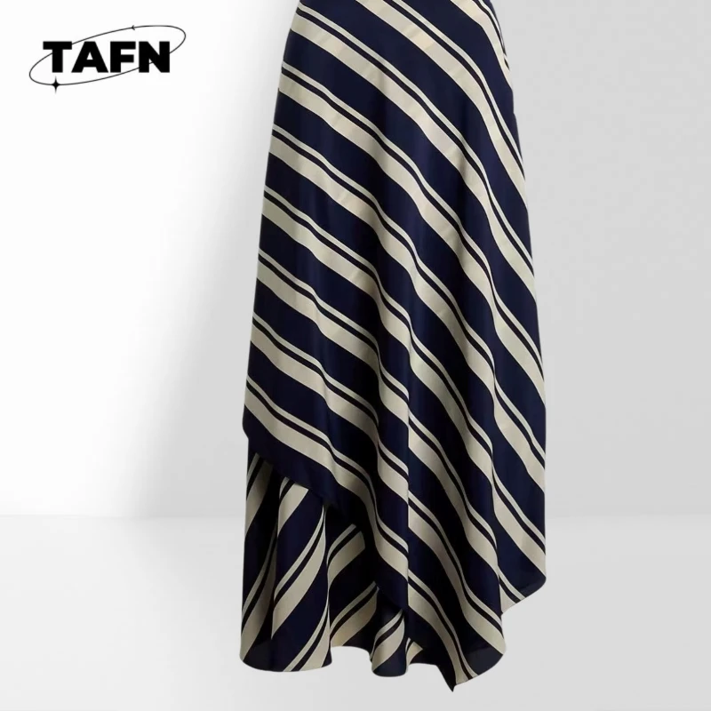 High End Navy Blue Striped Asymmetrical Skirt Women Elegant Draped A Line Midi Skirt Luxury French Style Fashion BC2108
