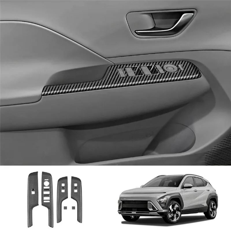 

Car Door Armrest Cover Panel For Hyundai KONA 2024+ Window Glass Lift Switch Button Trim Frame Parts Carbon Fiber Pattern