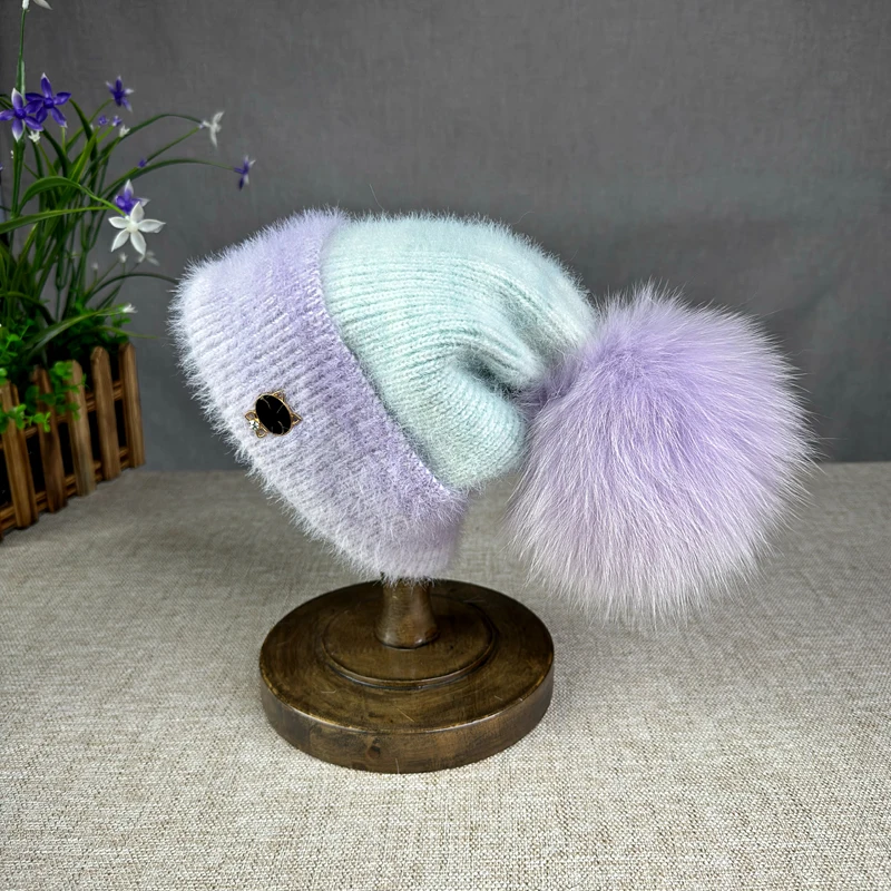 Natural fur pompom hats Winter Fashion Gradient color Knitted Outdoor Cycling travel Warm Peaked Cap Casual Fashion Hats