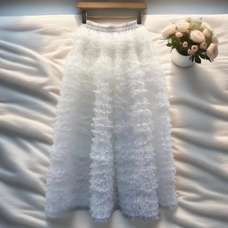 Spring Summer New Sweet Girl Puffy Cake Skirt Women's Heavy Layer Mesh Design High Waist Party A Line Mid-length Skirts