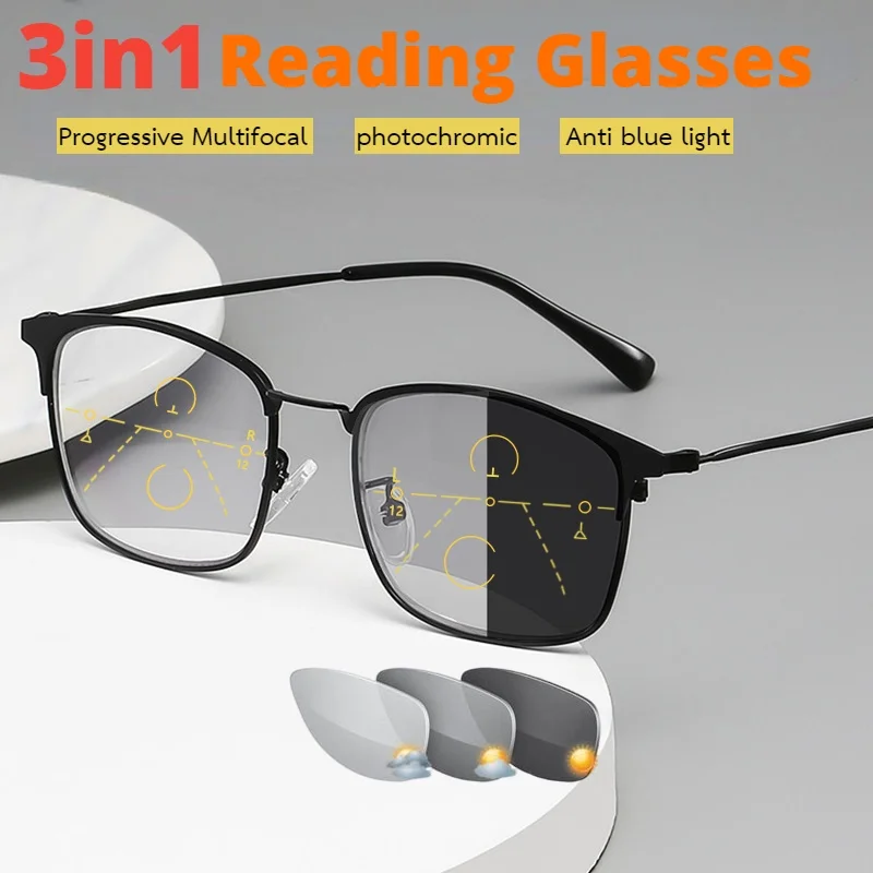 

FG Progressive Bifocal Multifocal Reading Glasses Ultra-light TR90 Men's Color-changing Ultraviolet Far-sighted Glasses