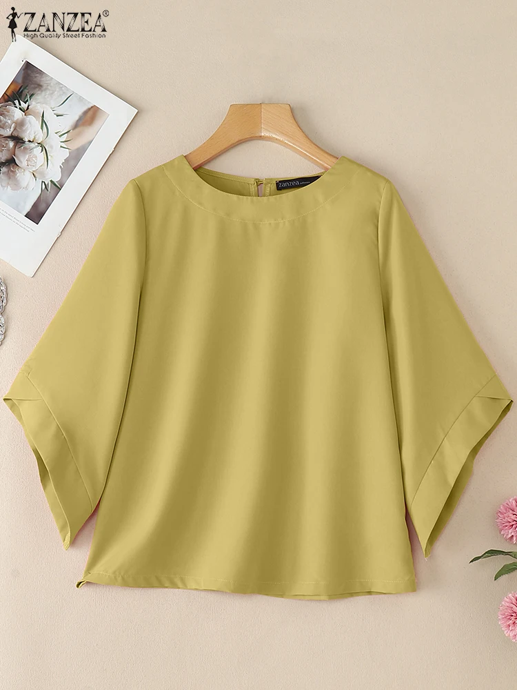 

ZANZEA Летние однотонные блузки с рукавами 3/4 Повседневная свободная рубашка Женские элегантные рабочие топы OL Модные праздничные блузки с круглым вырезом Свободная сорочка