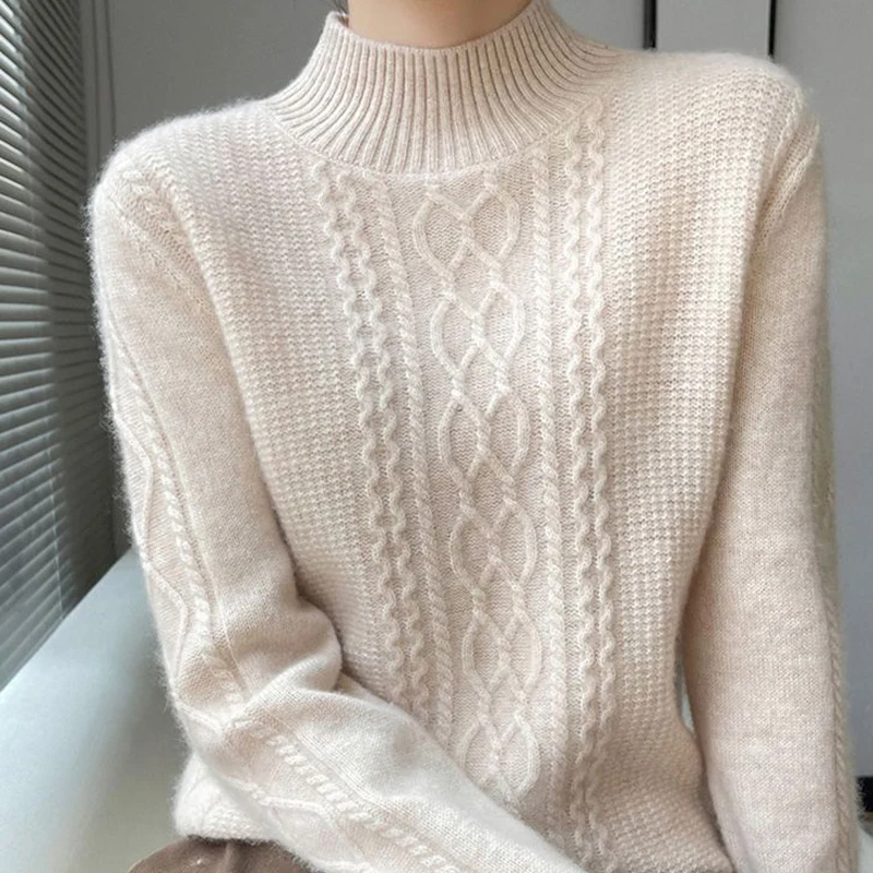 2023 Autumn Winter New Women Cashmere Sweater Fashion Casual Half High Collar Thread Slim Elegant Sweater Lady Pullover Sweater