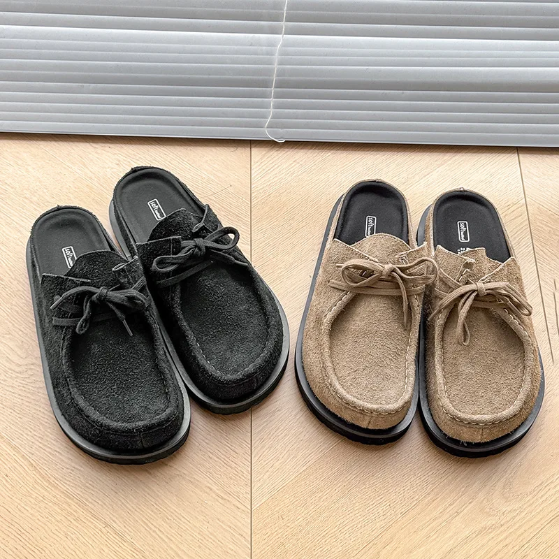 

2025 Retro bag head lace-up leather one-pedal summer half slippers men and women couple cowhide shoes