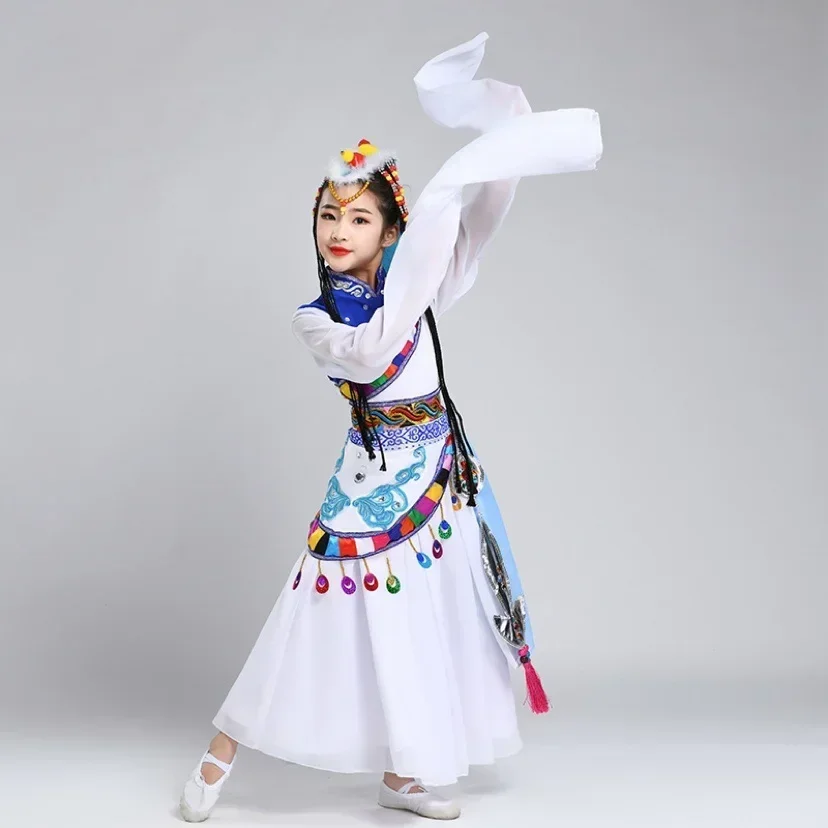 Strój mongolski dla dziewcząt, rękawki wodne, tibetskie stroje do tańca narodowego, damskie stroje etniczne Hmong, spódnica do ćwiczeń tańca tybetańskiego