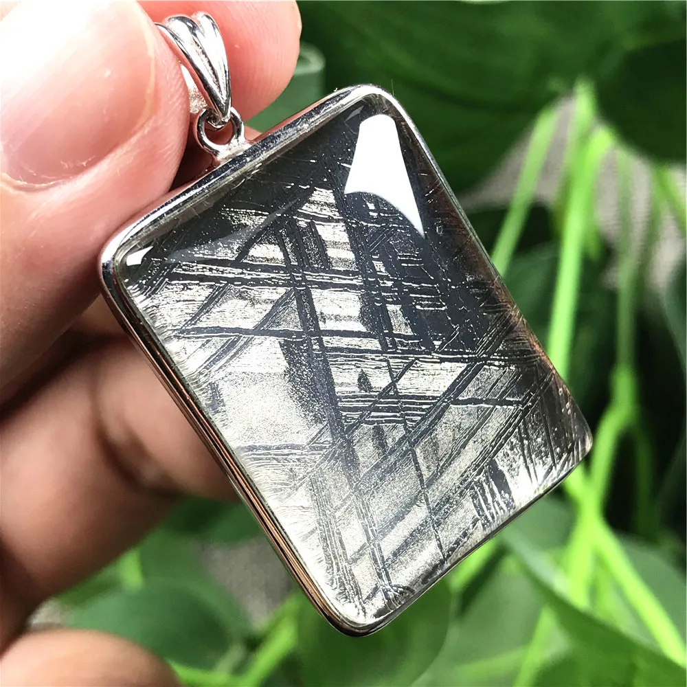 Genuine Natural Gibeon Iron Moldavite Meteorite Pendant For Women Men Gift 33mm Beads Crystal 925 Silver Plated Reiki Stone