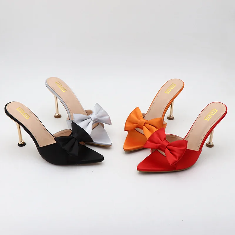 KM-ROYA Women's Summer Fashion Bowknot Slides Sandals High Heels Pumps 9CM/3.6Inch Heel Slip-On Female Shoes
