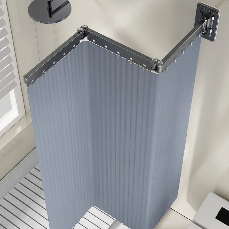 ‌Foldable Shower Curtain No Drill Waterproof - Space-Saving Bathroom Partition for Dry/Wet Separation, Anti-Rust Rod