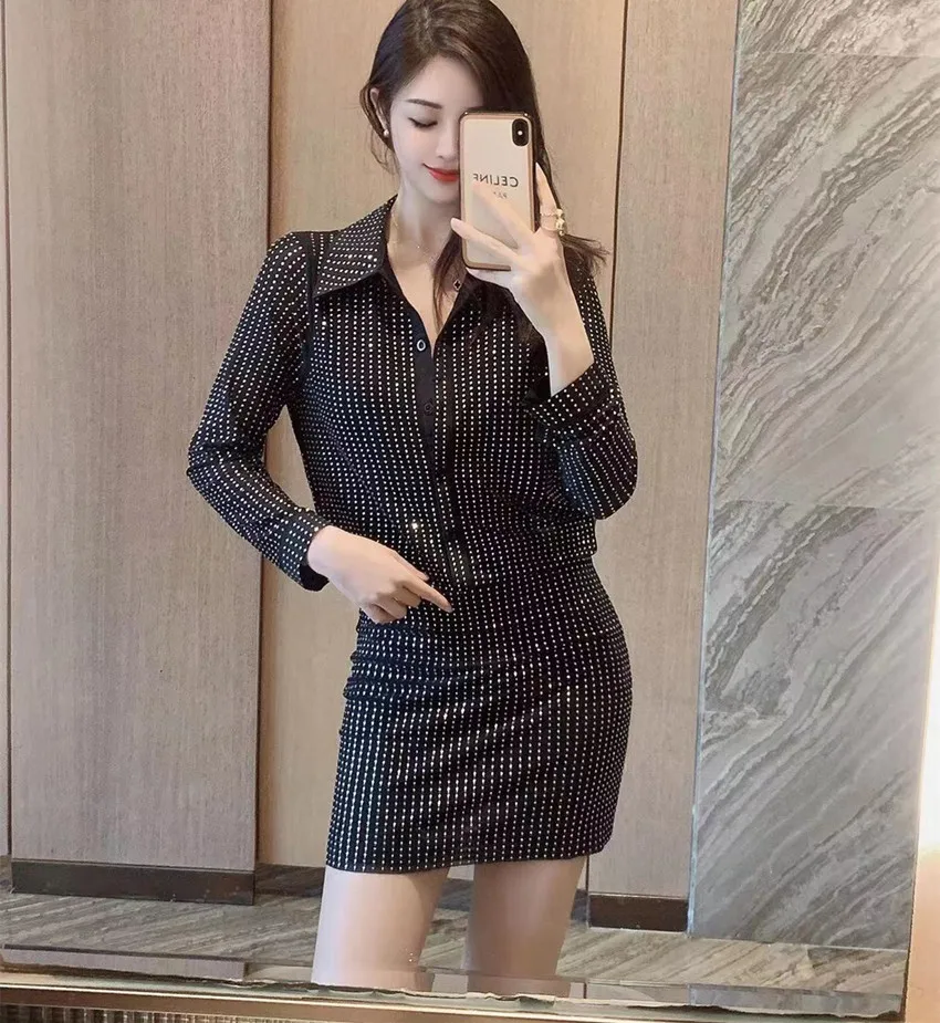 Runway Luxury Fashion Autumn Party Dress New Fashion Women's Lapel Collar Rhinestone Decoration Slim Bodycon Pencil Mini Vestido