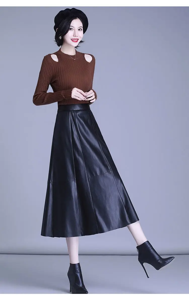 

A-ling Long Women High Waist Skirts Solid Genuine PU Leather Fashion Skirt All-matching Fashionable T813