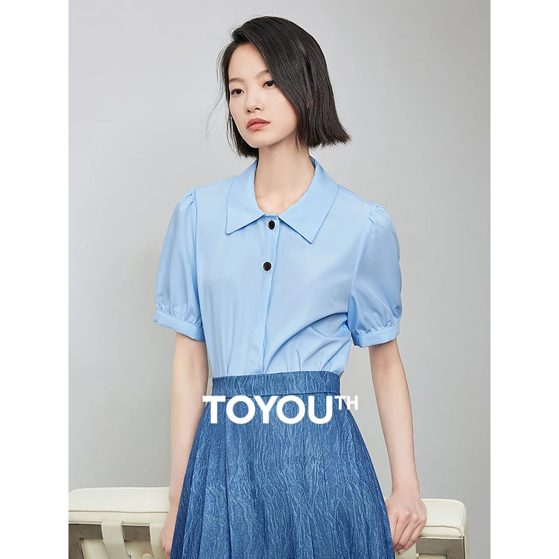 

TOYOUTH Women Shirt Blouse 2024 Summer New Polo Neck Buff Sleeves Short Sleeves Elegant Blue Tops