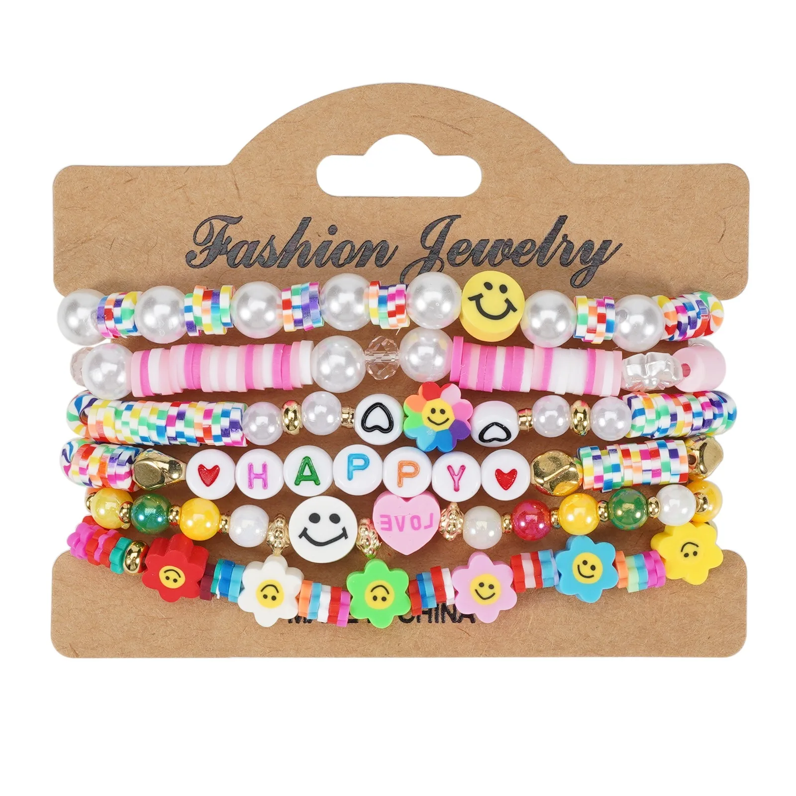 6Pcs Hot Vintage Gold Plated Polymer Clay Pearl Smile Letter Beaded Layered Bracelet Set Women Elastic Rope Bracelet Jewelry Set