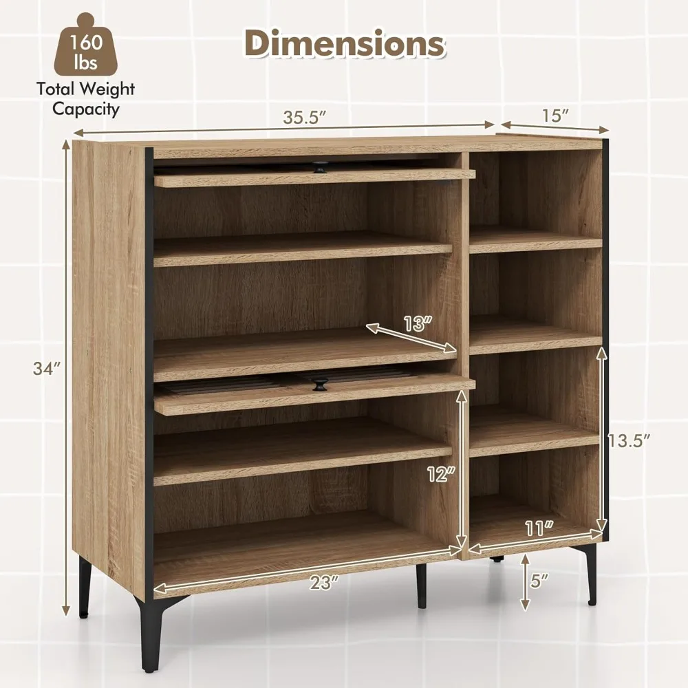 Shoe Cabinet with Flip & Slide Doors, Entry Way Shoe Rack Cabinet with Adjustable Cube Shelves, Freestanding Wood Shoe C