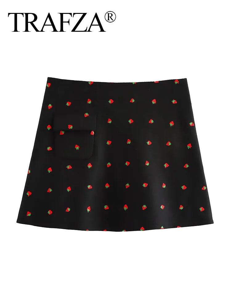 TRAFZA Elegant Woman Chic High Waist Back Zipper Casual Short Skirt Women Summer Fruit Embroidery Pocket Decorate Mini Skirt