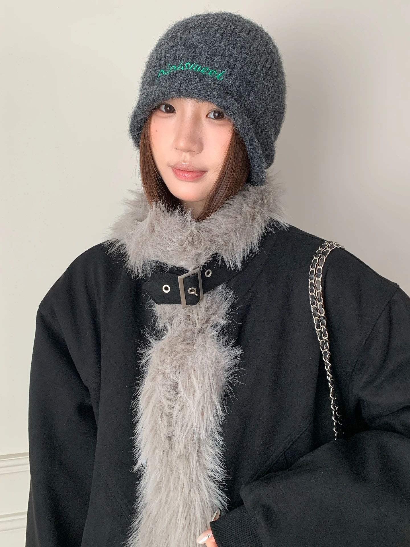High-End Large Head Circumference Letter Rolled Brim Slouchy Hat Women's Vintage Beanie Casual Full Coverage Hat Knitted Hat