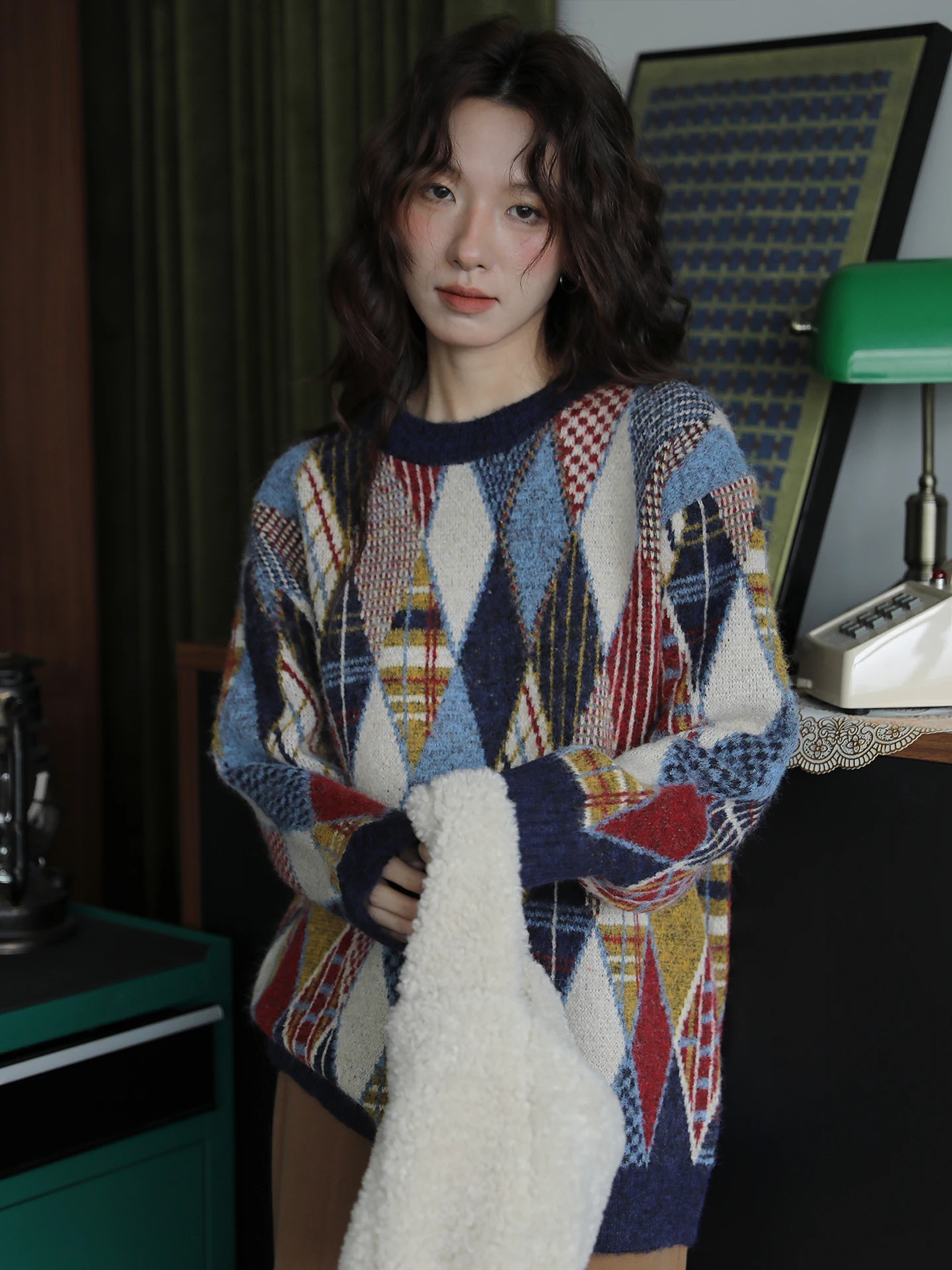 

Утепленный вязаный кардиган-пальто с круглым вырезом, однотонный, с узором «Островные цветы», осенне-зимний, женский, свободного кроя, с длинными рукавами