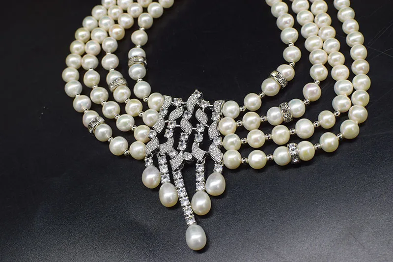 4rows one set  freshwater pearl white near round  necklace earrings 18inch 7.5inch wholesale nature beads for xmas gift