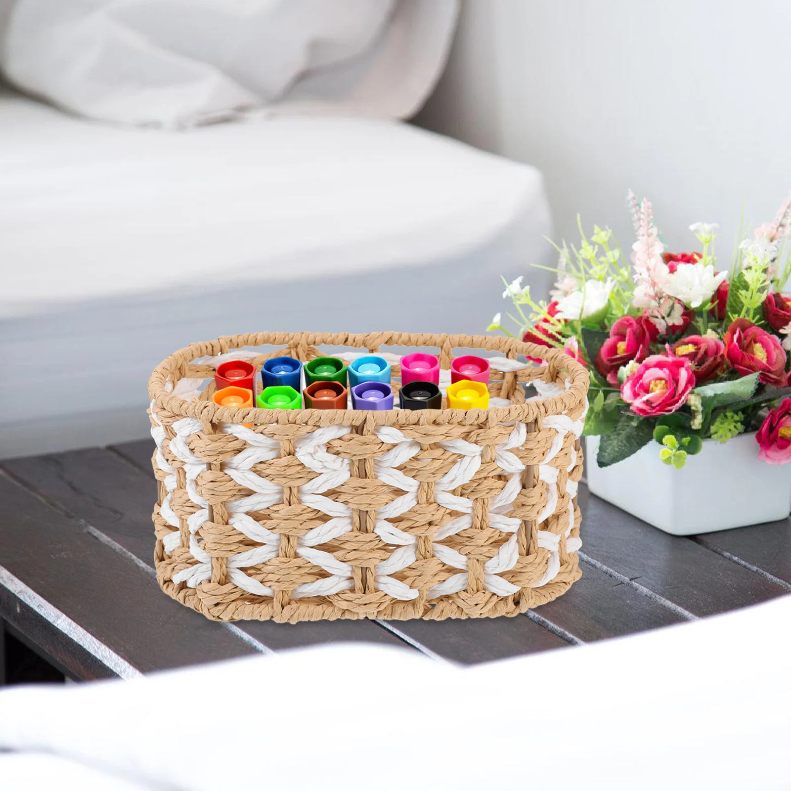 

Desktop Woven Storage Basket Sundries Organizer Household Storage Container Home Supplies Woven Basket for Living Room
