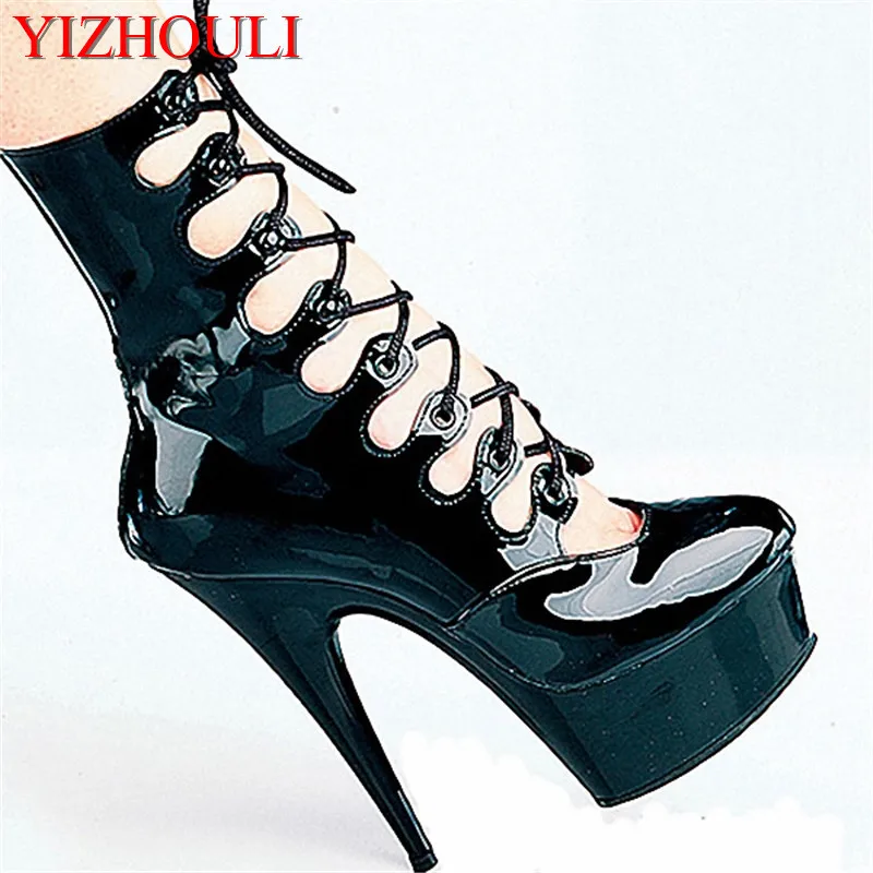 

15CM High-Heeled Shoes 6 Inch Fashion Cutout Front Strap Platform Short Light PU Plus Size Round Toe Sexy Mid-Calf dance shoes