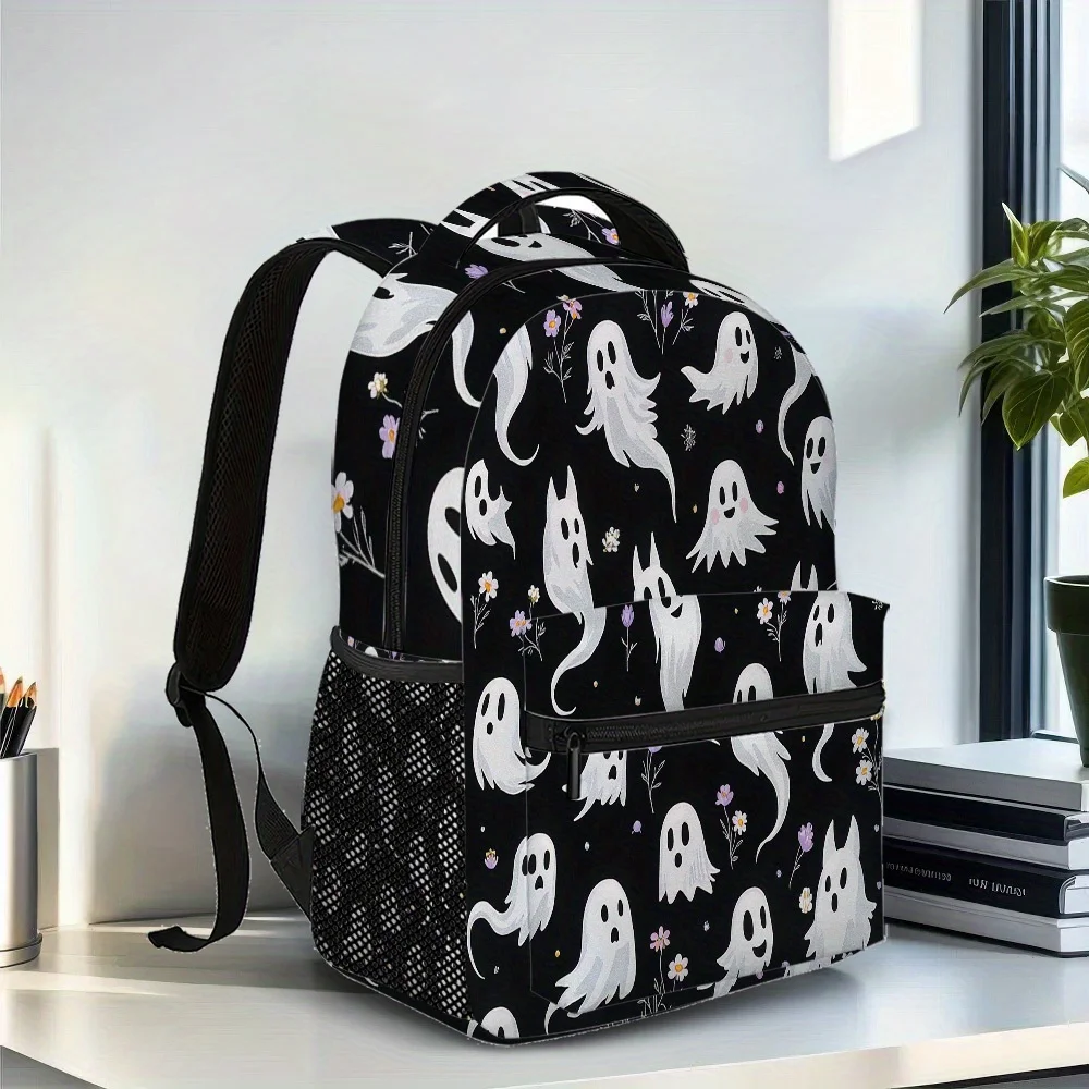 1pc Halloween Ghosts Backpack Lightweight Stylish and Spooky Design with Black White Ghosts Butterflies and Stars