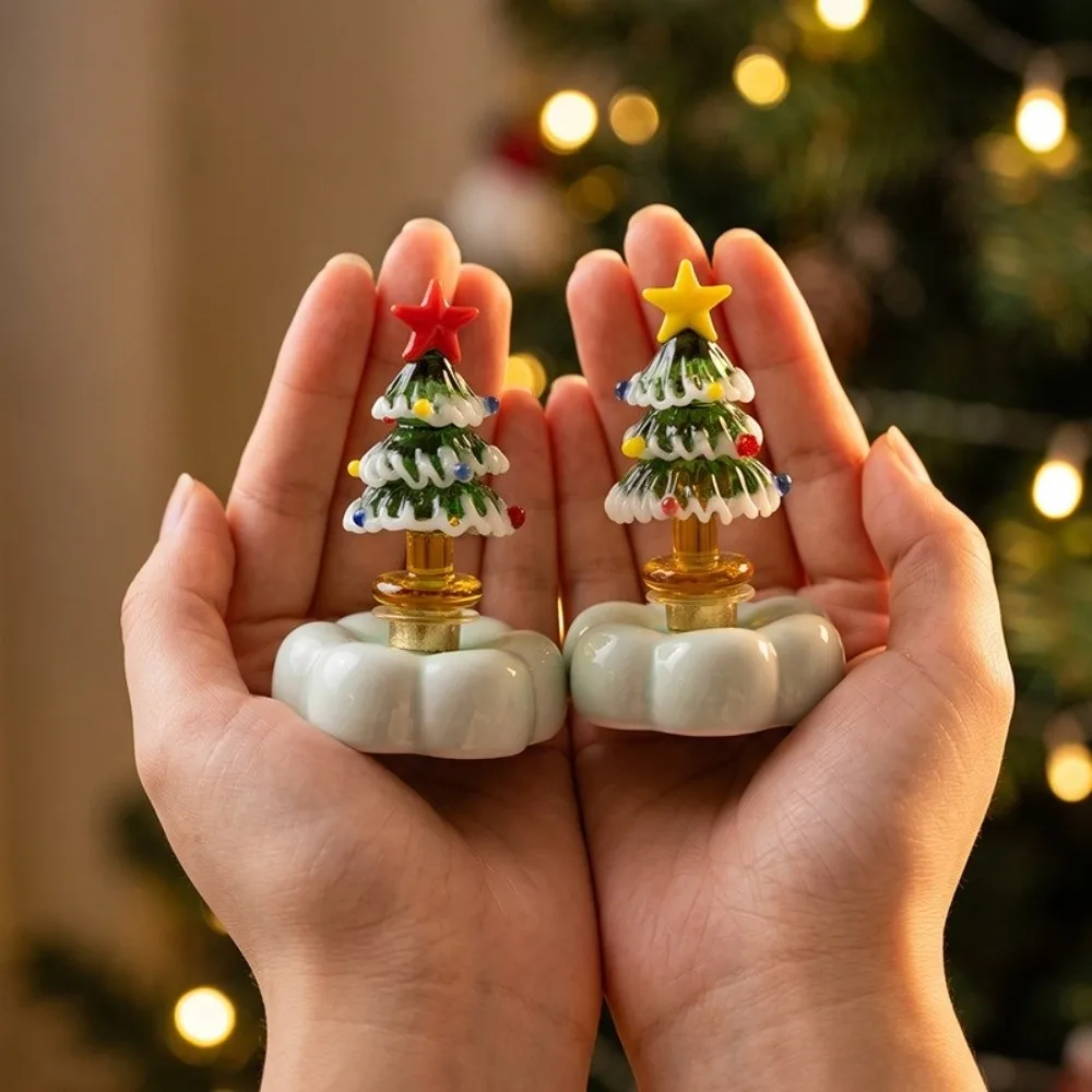 Solid Glass Glass Christmas Tree Figurine Rotating Base Star Topper Christmas Tree Ornament DIY Assembly Christmas Tree Statue