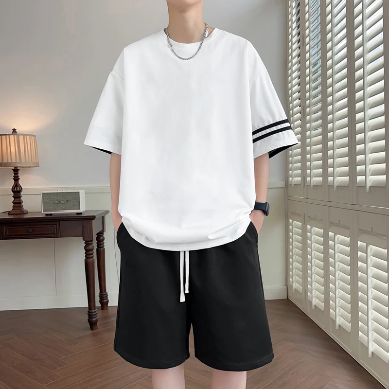 2024 Summer Men's Tracksuit Sets Korean Casual Sports Suit Breathable Solid T-shirts Shorts 2 Piece Set High Street Men Clothing