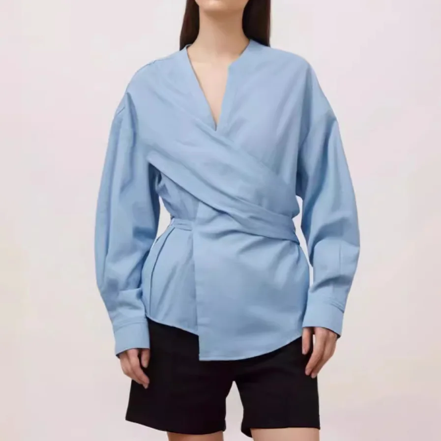 Blue Women Shirt Cotton Sexy V Neck Full Sleeves Summer Spring Formal Office Lady Wear Coat