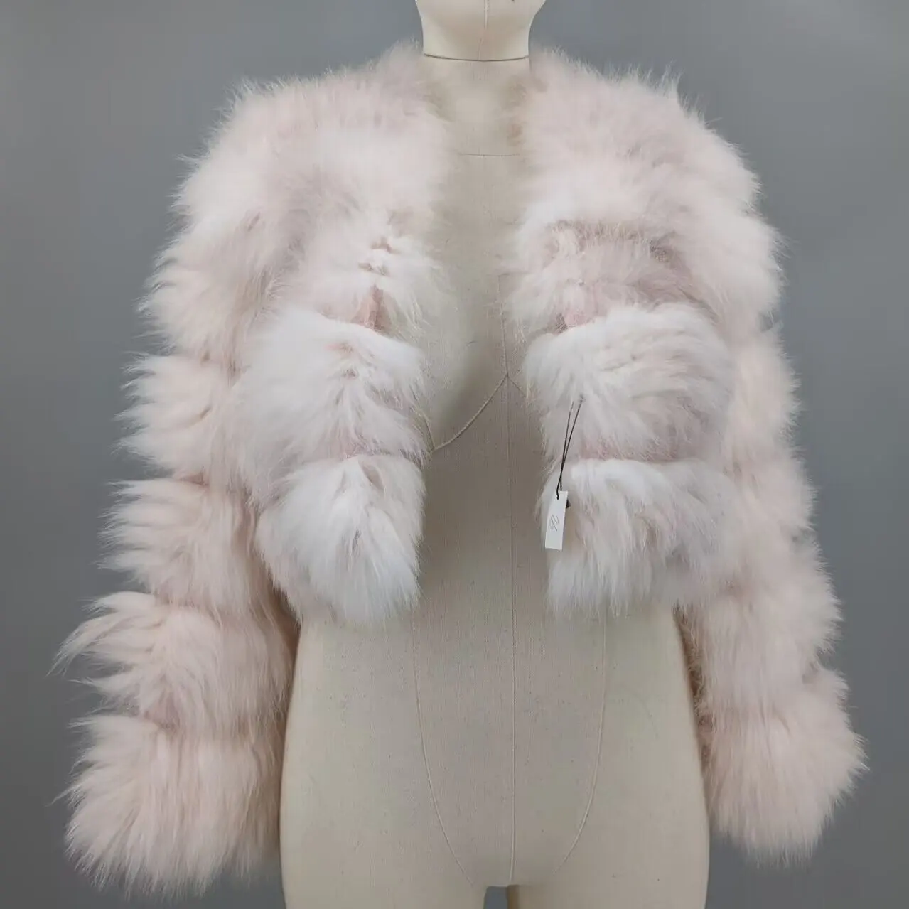 Women Baby Pink Korean Style Real Stitched Striped Fox Fur Cropped Coat V Neck Lightweight Thin Fur Outerwear For South 24A1139