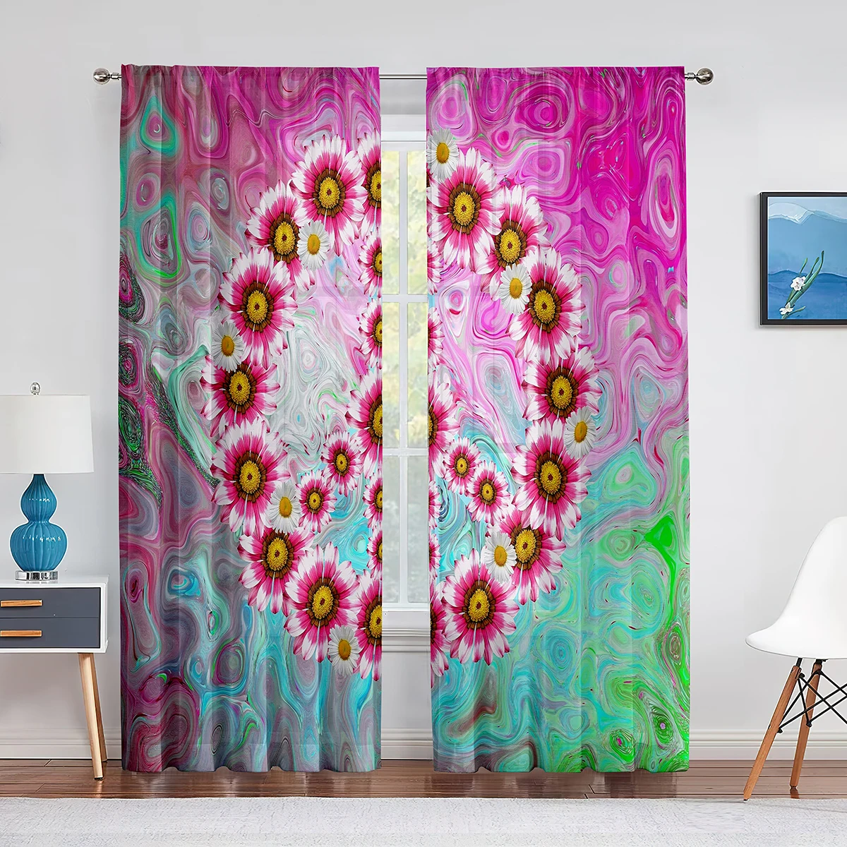 Floral Peace Sign Summer Spring Bloom Psychedelic Tulle Curtains for Living Room Bedroom Chiffon Sheer  Kitchen Window Curtain