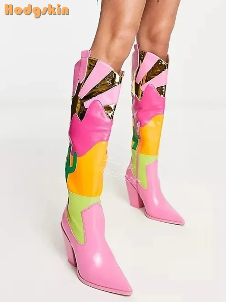 Mix-color Cowboy Boots Pointed Toe Square Heel Knee-high Boots Side Zipper 2025 Autumn Womens Patchwork Fashion Catwalk Shoes
