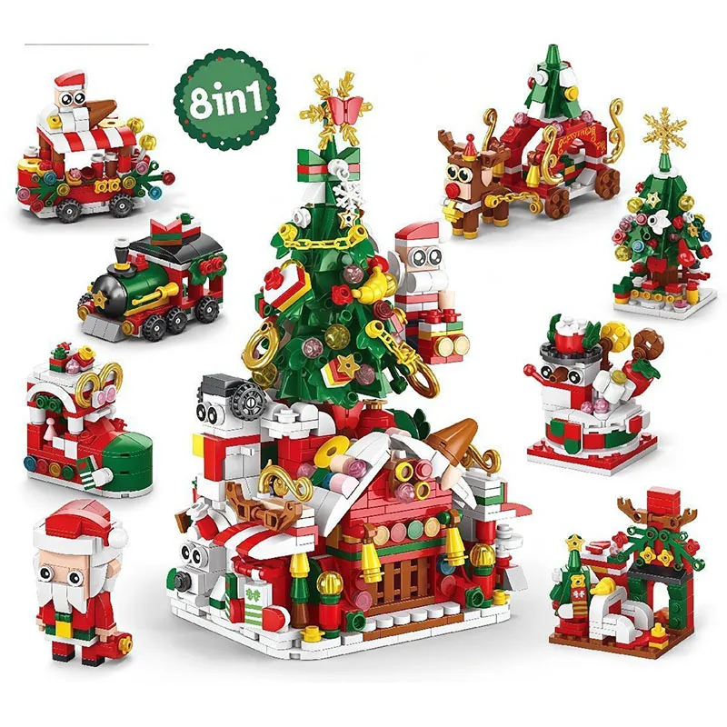 DIY Christmas Building Block Kit Toy Elk Deer Santa Claus Train Car Architecture Store Street View Xmas Tree Snow House Set Gift