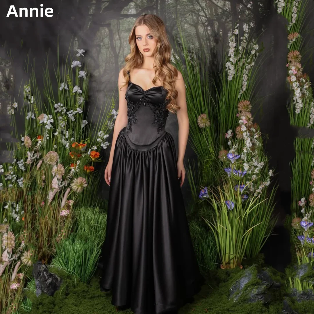 Annie Satin Black Prom Dresses Beaded Embroidery Princess Evening Dresses A-line Spaghetti Straps Robes De Soirée Customized2025