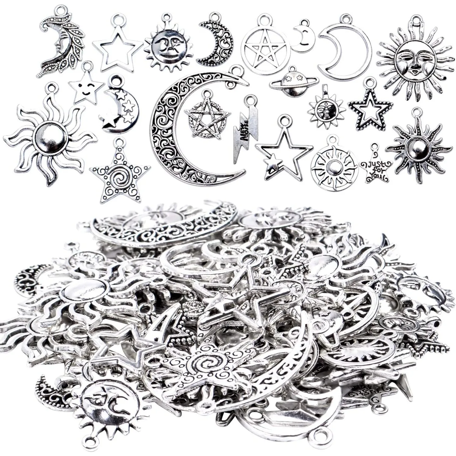 

69 шт., античное серебро, подвески с луной, звездой и солнцем, небесные подвески, ювелирные изделия для ожерелья, браслета, изготовления ювелирных изделий