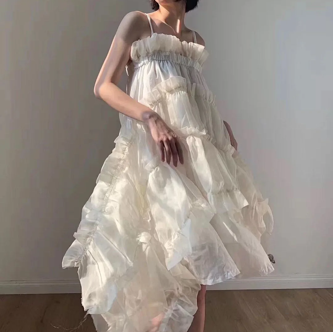 

Ladies' Dark Style Camisole Dress Simulated Silk Irregular Wrinkle Lace Two-Way Wearing Women's Dress for Spring/Summer