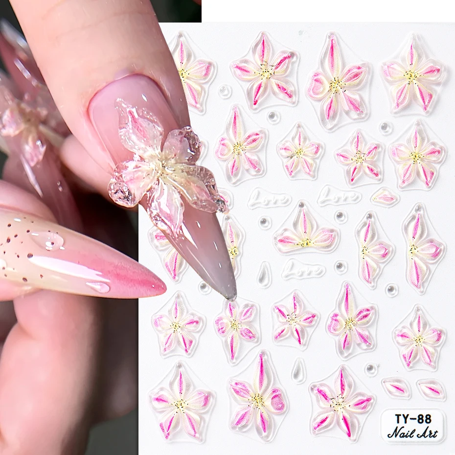 5D Jelly Pink Lily Nagelaufkleber Transparente Eisklare Blumen-Nagelsticker 3D Blumen-Nagelkunst-Aufkleber Dekorationen Zubehör