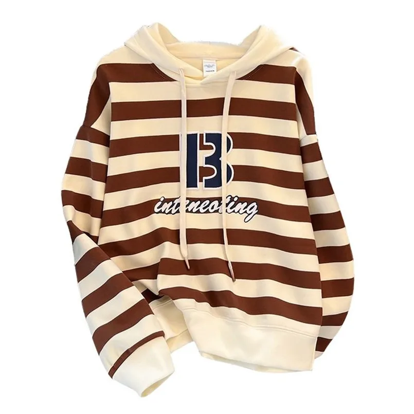 Autumn new Korean plus size women's fashion striped top loose design hooded top