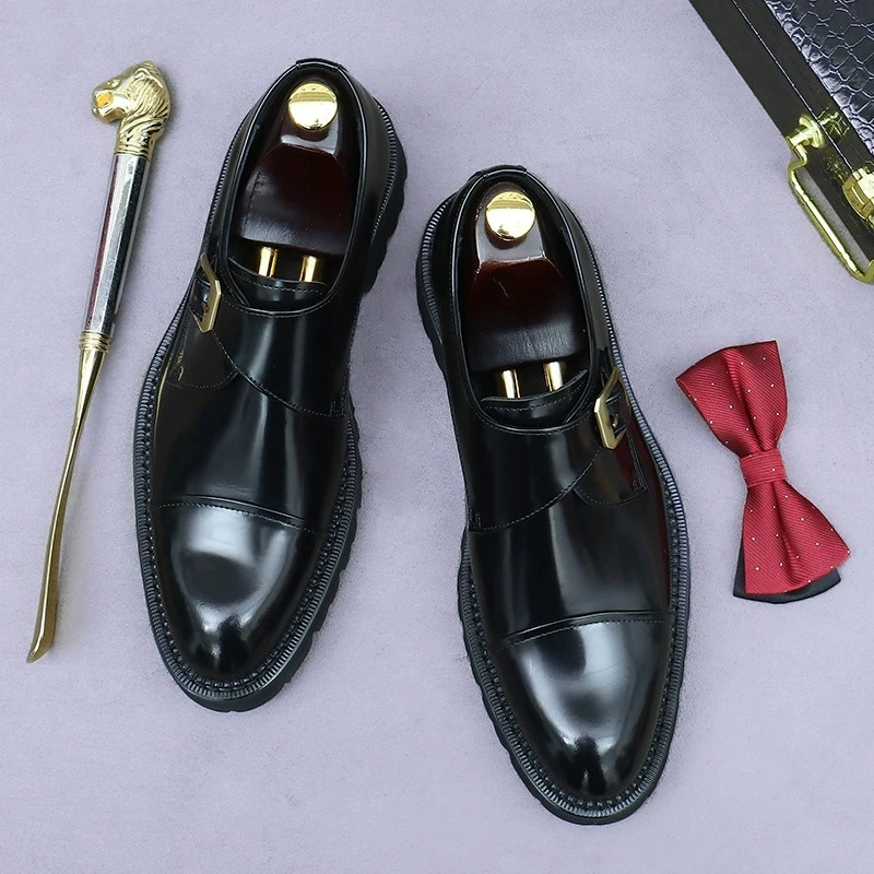ThickSole Men Genuine Leather Single Buckle Dress Shoes Business Monk Shoes Sapatos Formais Masculinos