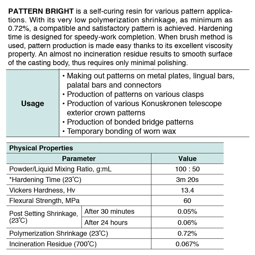 Dental Lab Material Pattern Resin Self Curing Acrylic Resin Synthetic Yamahachi Pattern Bright Implant Jigs Dentistry Technician