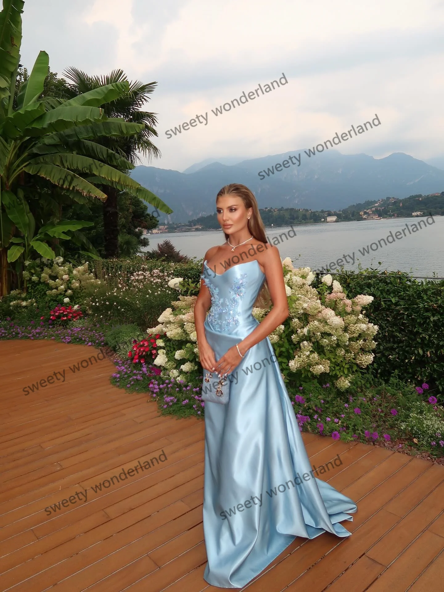 Robes de soirée bleu ciel femme dentelle appliqué robes de noche coeur cou robe de bal formelle robe de soirée de mariage personnalisé