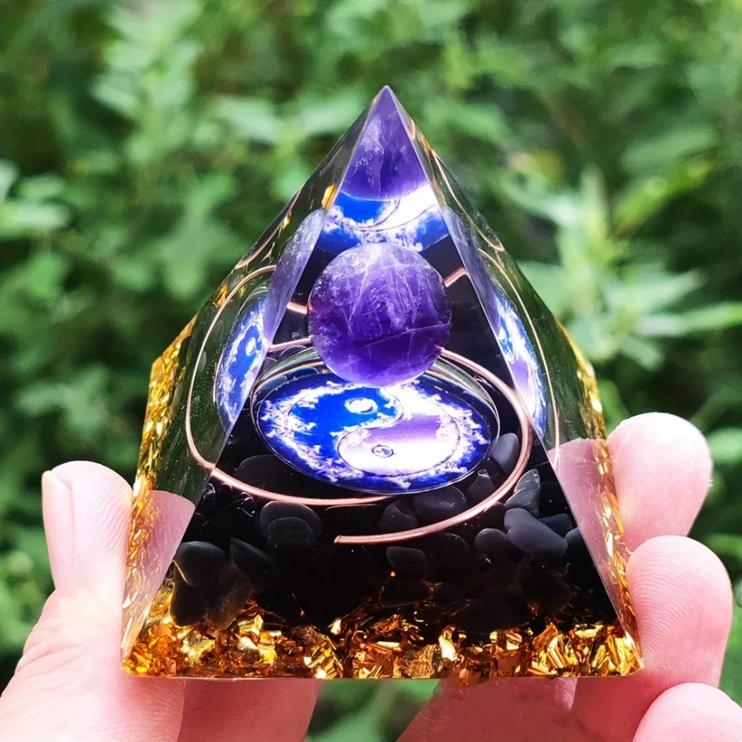 1pc Amethyst Tai Chi Pyramid with an Obsidian Chips Base, Suitable for Home Decoration And Holiday Gift