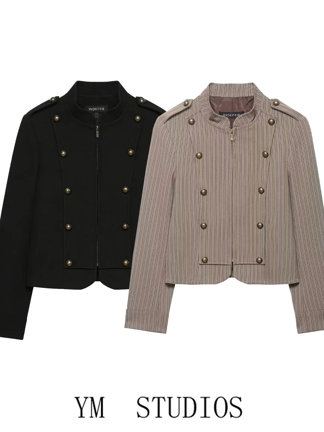 

Business Commuter Style Women's Zippered Plaid Jacket Short Fit Metal Button Casual Outerwear Spring Autumn Polyester Fiber