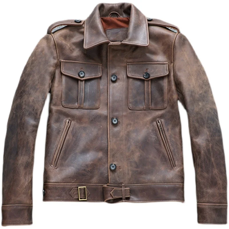 

Autumn Men's Vintage Brown Jacket Plus Size 4XL Military Style Natural Thick Cowhide Slim Fit Short P37 Genuine Leather Coats