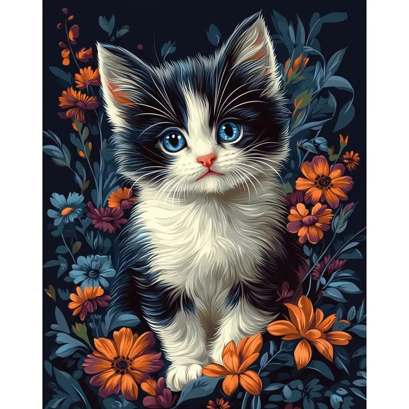 

DIY Floral Black and White Cat Jigsaw Puzzle, Cute Kitten with Blue Eyes Surrounded by Flowers Puzzles Educational Reative Gifts
