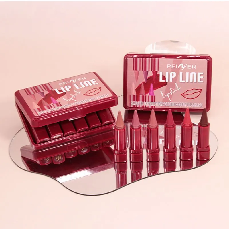 6-delige langdurige matte lipliner en lippenstift set bordeaux kastanjebruin bruin robijn fuchsia ombre romige lip make-up kit