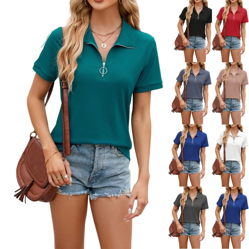 

Women's Quarter Zip Short Sleeve V Neck Casual Blouse 6XDA