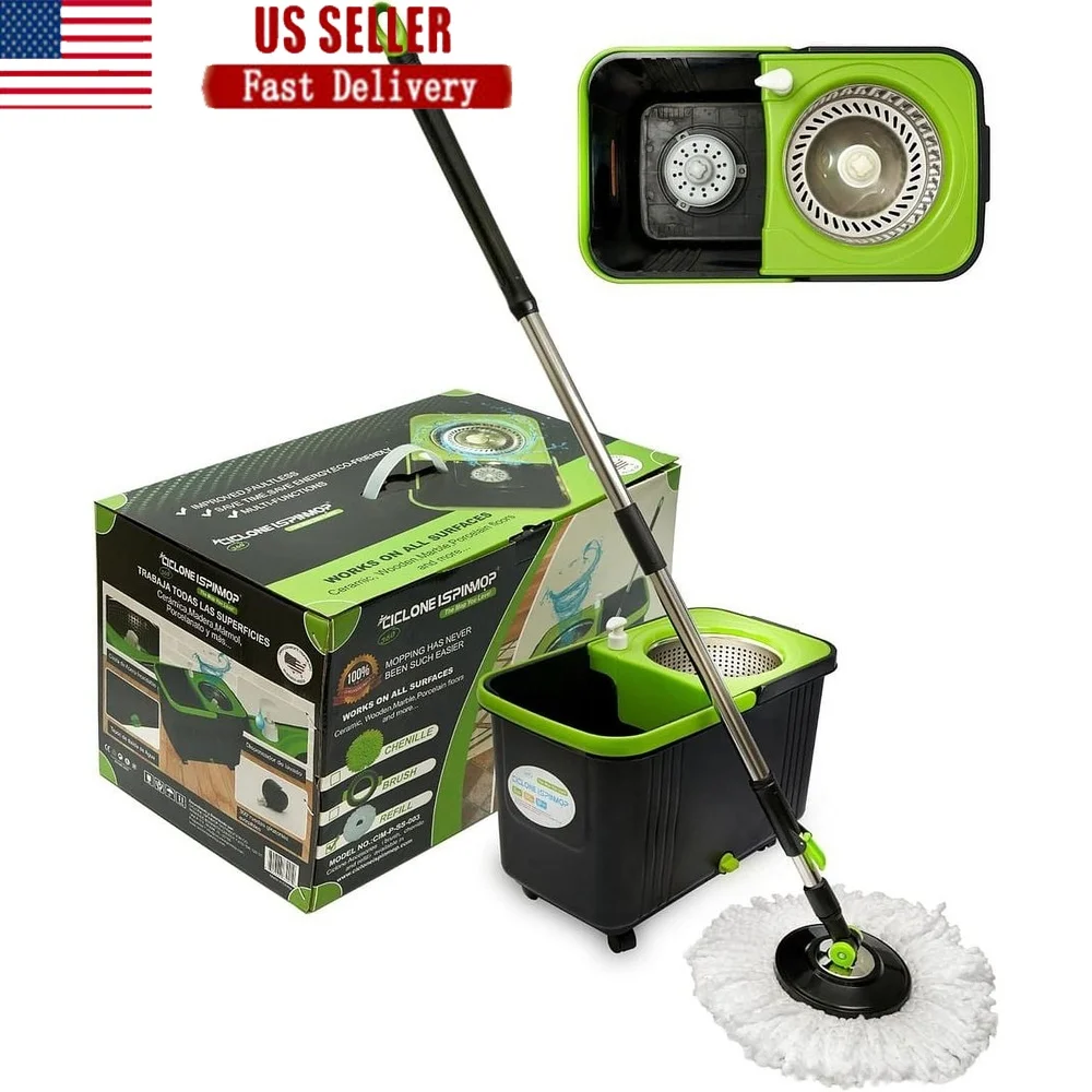 Fregona giratoria de 360 grados con ruedas, cubo giratorio automático, escurridor de agua, mango Extra largo, fácil limpieza, duradero, inoxidable