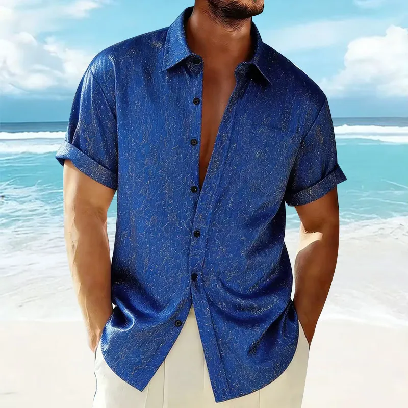 

Beach Style Men's Short Sleeve Shirt Gold Thread Printing Resistant to Deformation Standard Fit Casual Wear Summer Fashion