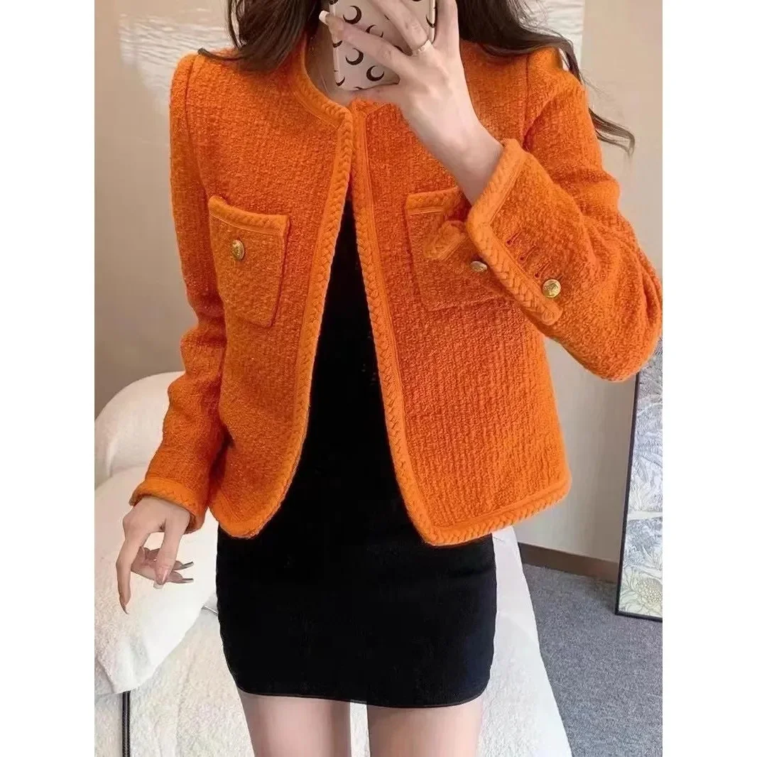 Chaqueta corta de Tweed naranja para mujer, abrigo informal de manga larga con cuello redondo, otoño e invierno, novedad de 2023