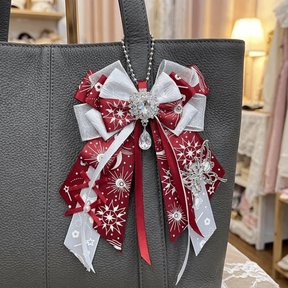 Double Layer Bowknot Ornament Keychain Rhinestone Tassel Pendant Long Streamers Elegant Lolita Bag Charm Backpack Decoration