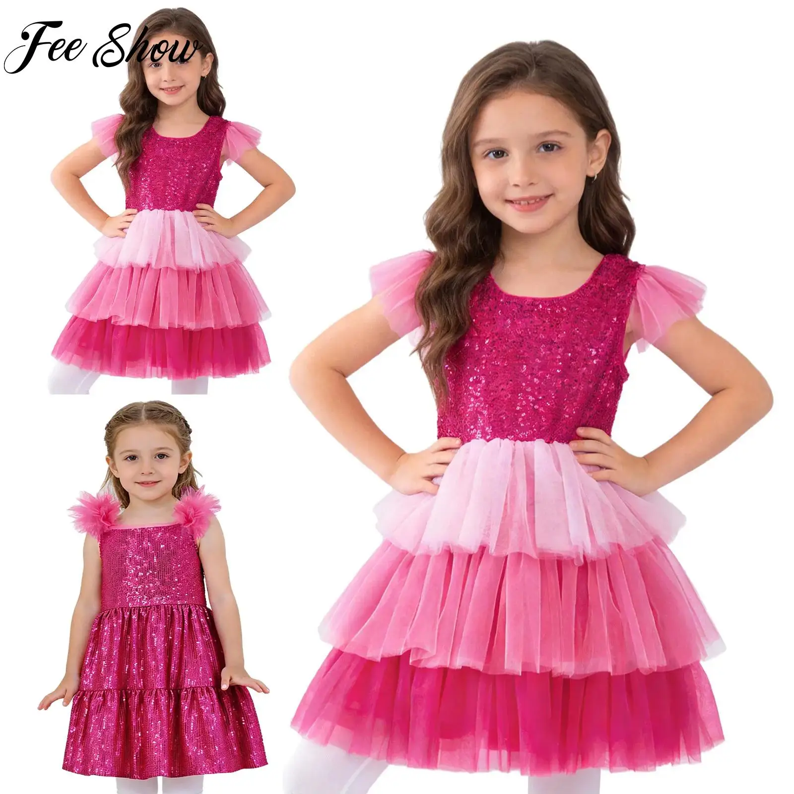 

Kids Girls Birthday Party Dress Ruffled Sleeves Tiered Ruffle Sparkly Sequins Dress for Stage Performance Pageant Photography